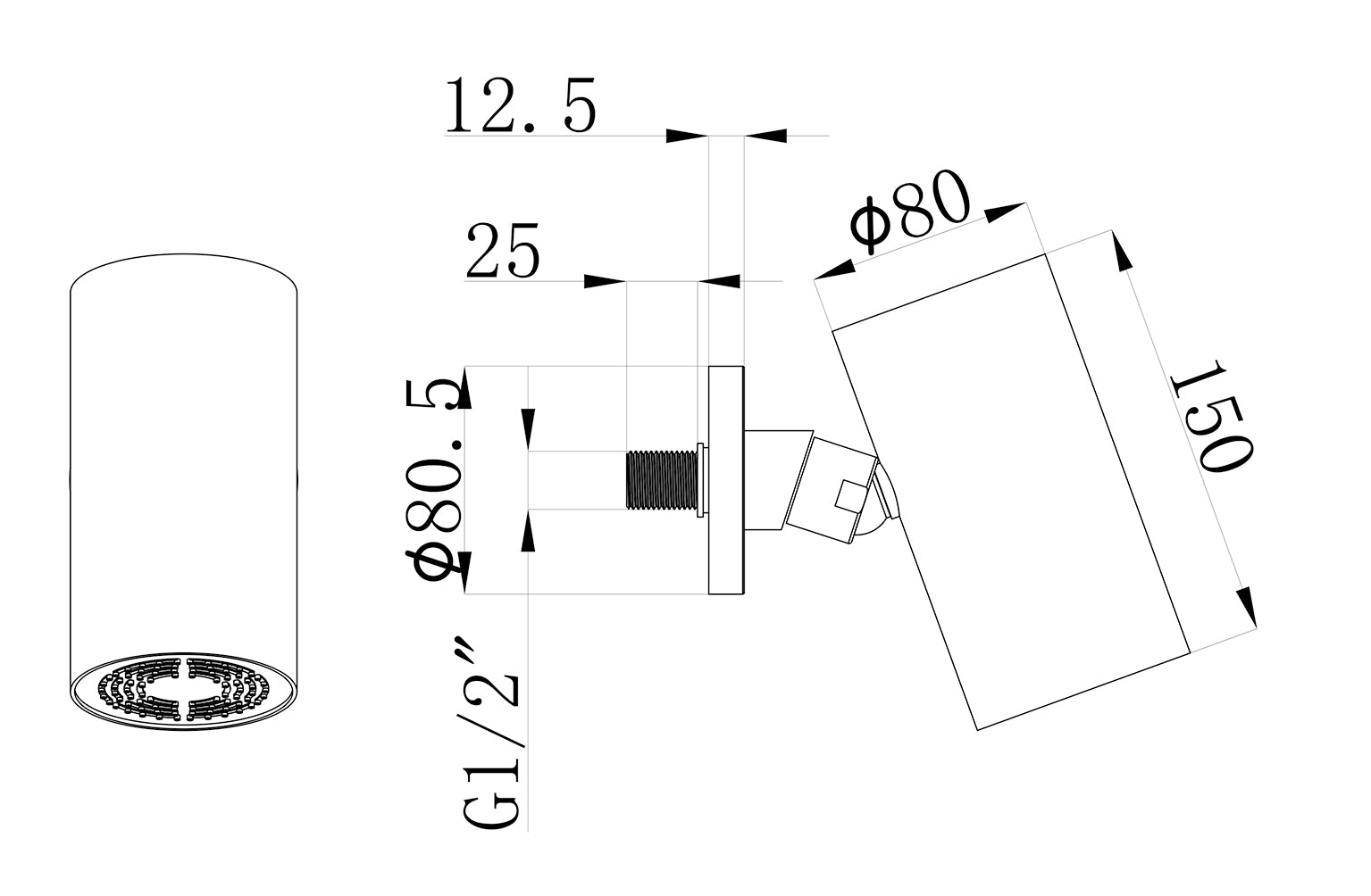UniMatch Beam hoofddouche rond 1 stand met muurbevestiging chroom maattekening – 8 × 15 cm | Dealplein