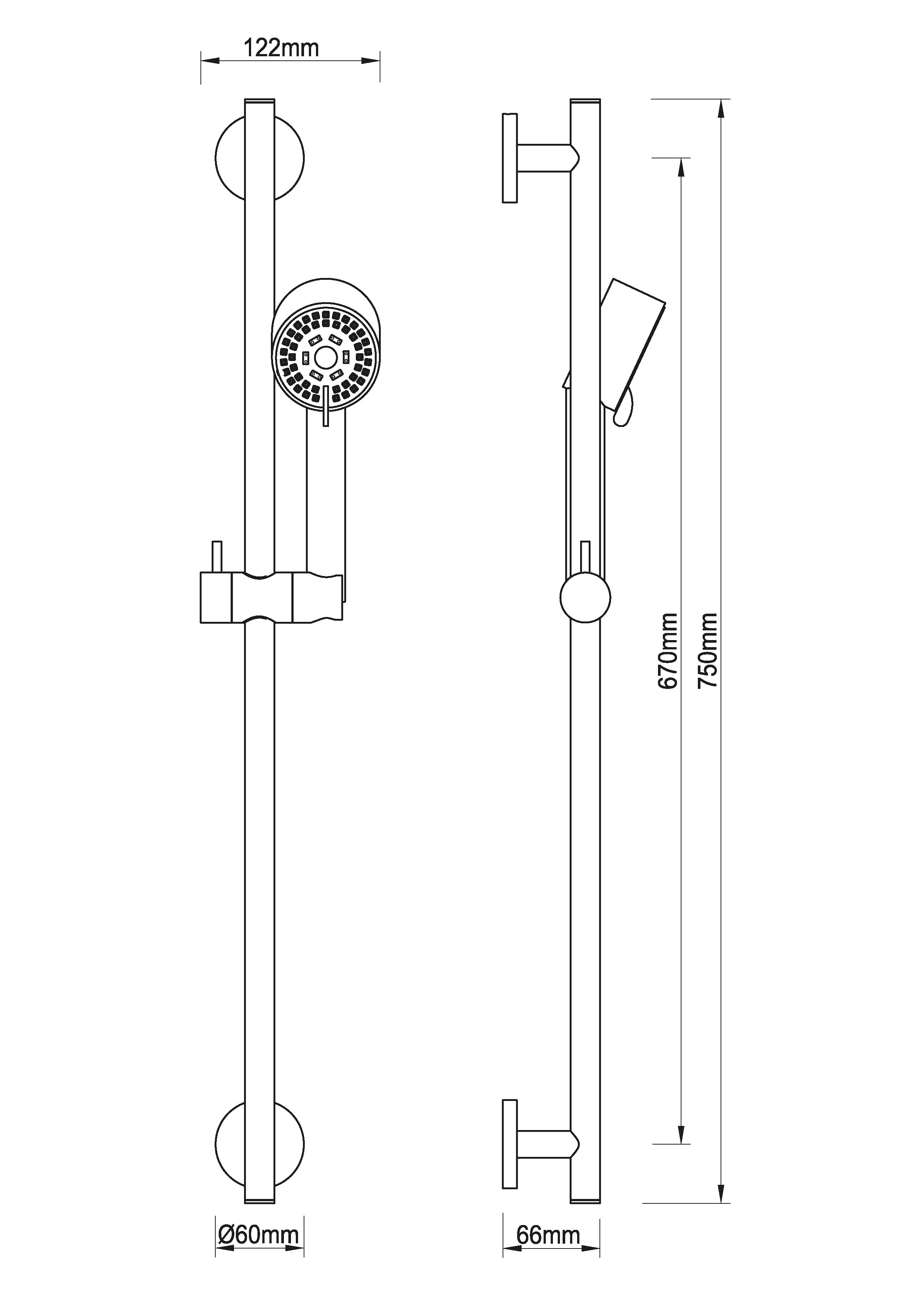 UniMatch Cadans glijstangset compleet met handdouche 3 standen Ø 8 cm gunmetal PVD maattekening – 10 cm | Dealplein
