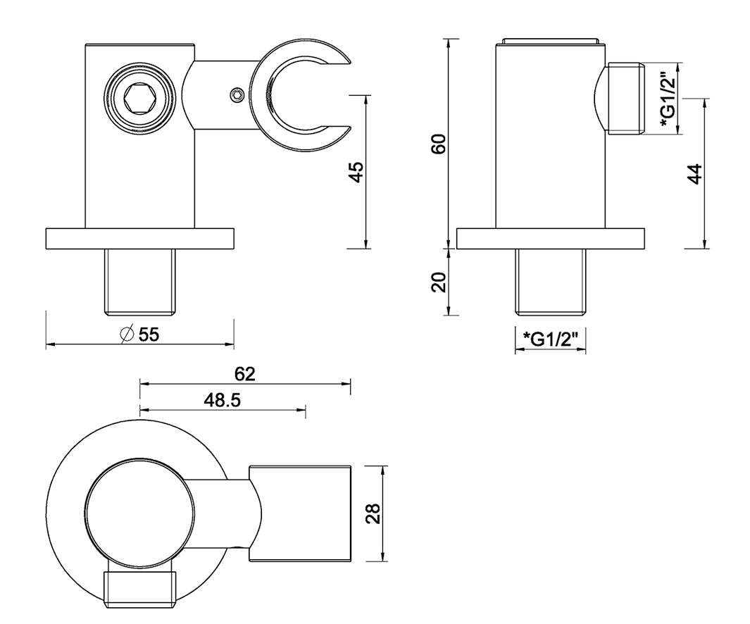UniMatch wandaansluitbocht met kantelbare handdouchehouder rond 1/2" gunmetal PVD maattekening – afmetingen volgens maattekening | Dealplein