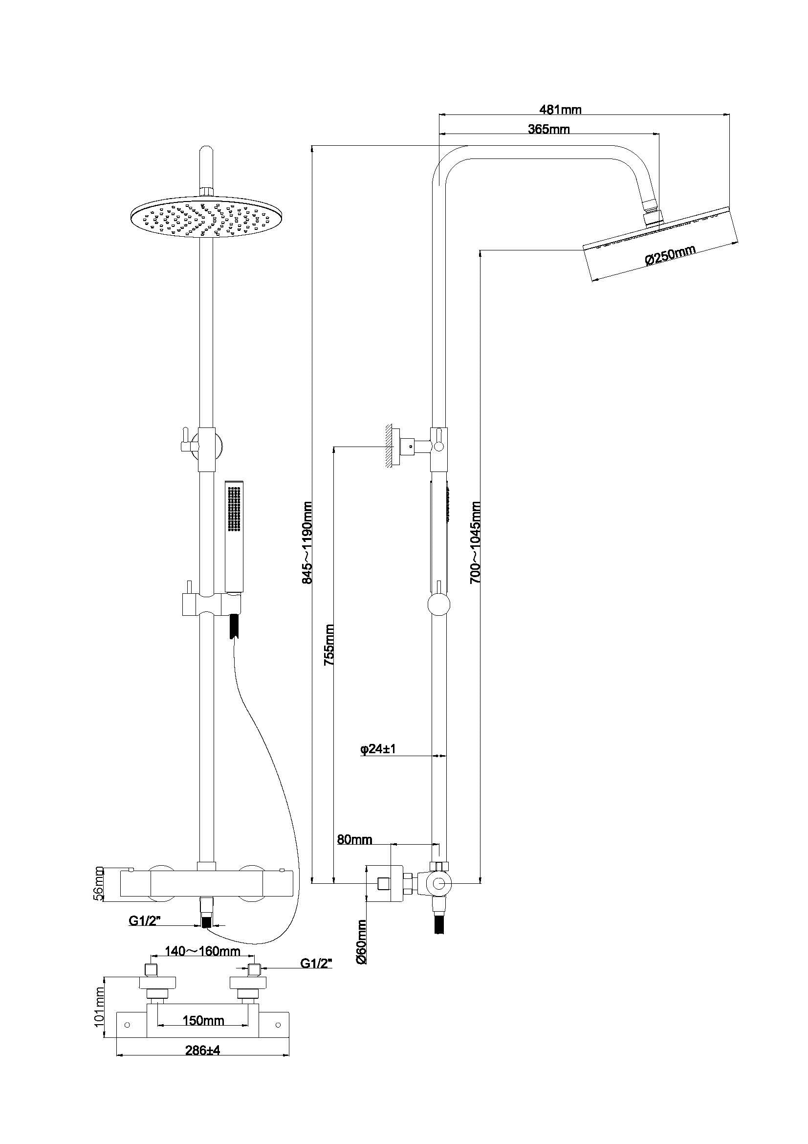 Caral thermostatische regendoucheset opbouw gunmetal PVD maattekening – afmetingen volgens maattekening | Dealplein