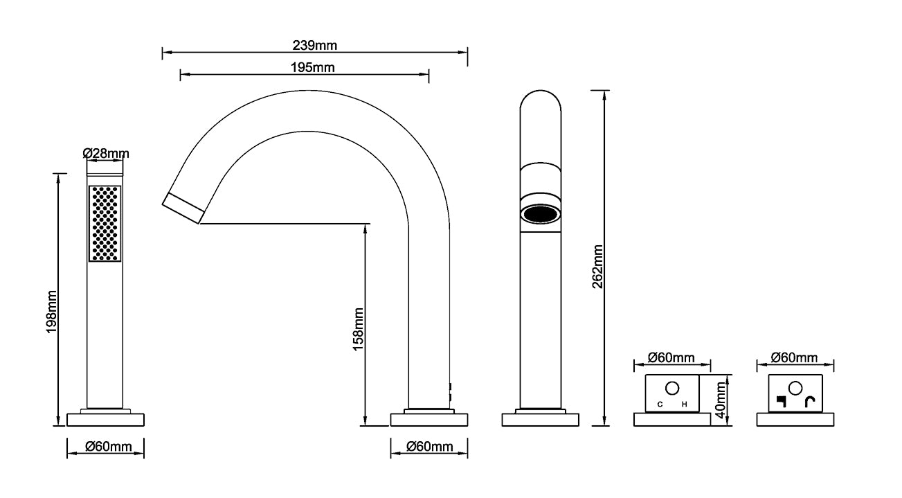 Maattekening Wiesbaden Caral afbouwdeel badrandthermostaat 4-gats gunmetal PVD