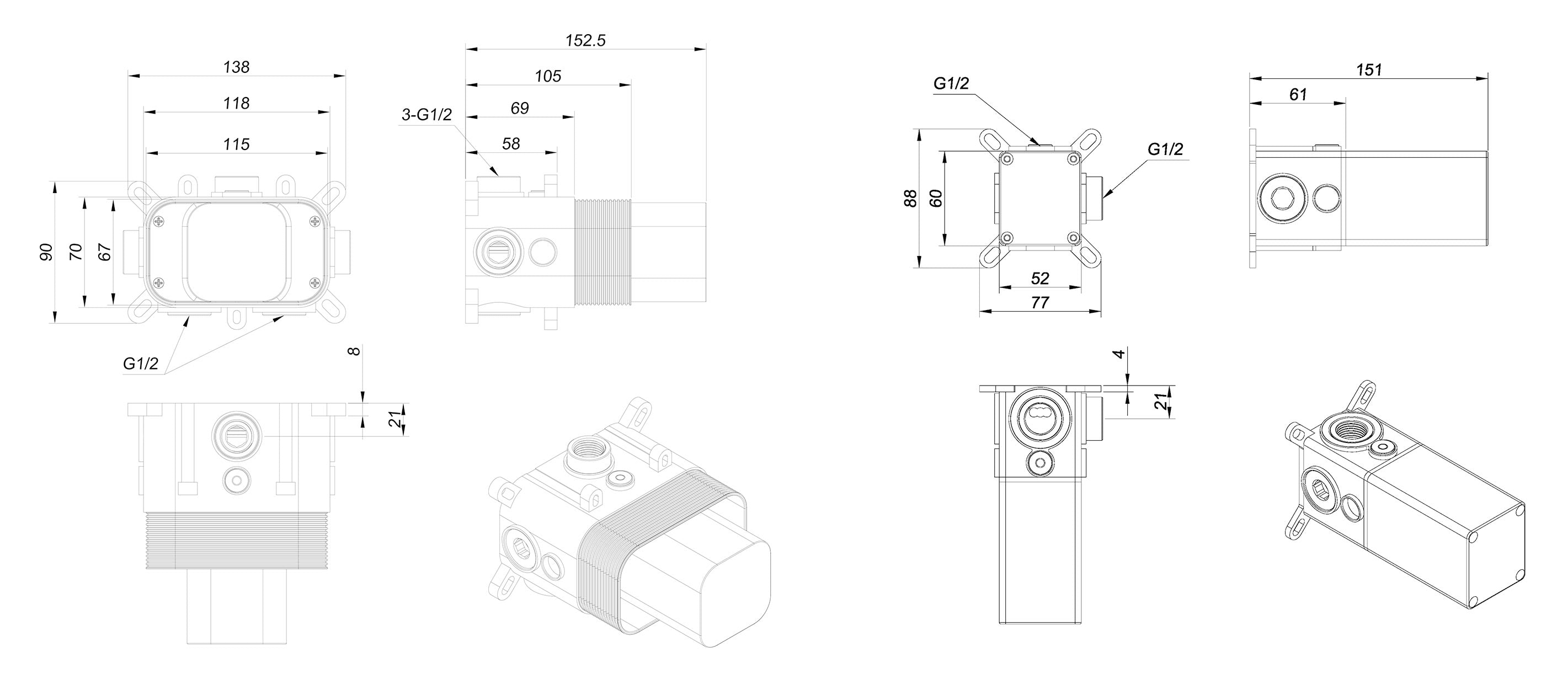 Dreams inbouwdeel thermostatische douchekraan met 2 stopkranen maattekening – afmetingen volgens maattekening | Dealplein