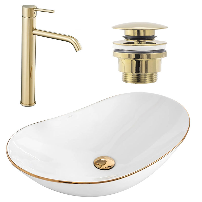 Wastafel Royal gold edge + kraan Lungo Gold High + universele plug gold