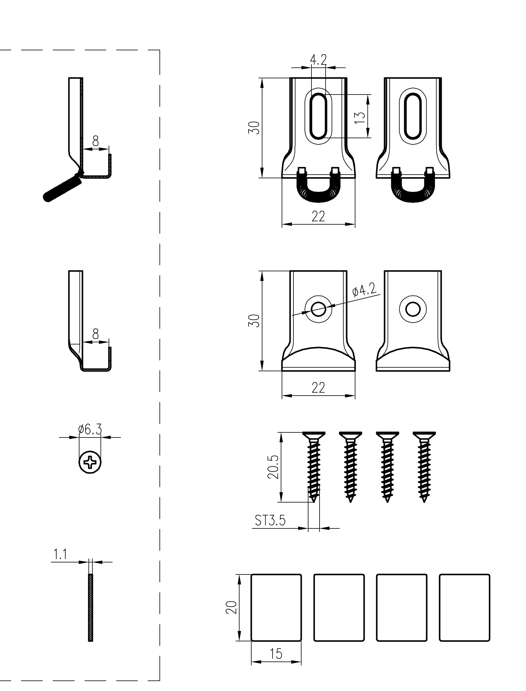 Maattekening Spiegelklemmen 4 stuks chroom