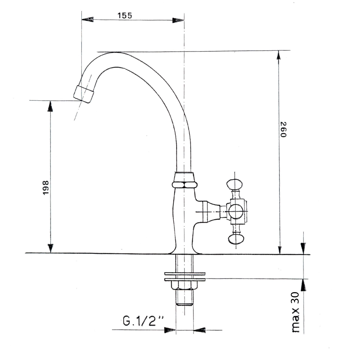 Sapho Antea Hoge Fonteinkraan Koud Water 260 mm Chroom technische tekening