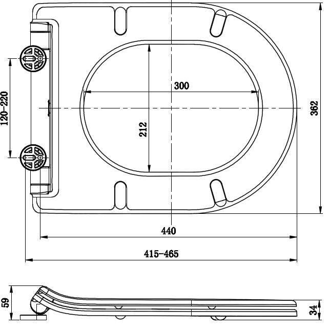 Maattekening Wiesbaden Vesta wandcloset rimless met Flatline toiletzitting softclose en quick release glans wit