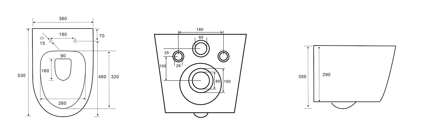 Maattekening Sity wandcloset rimless met toiletzitting softclose en quick release glans wit