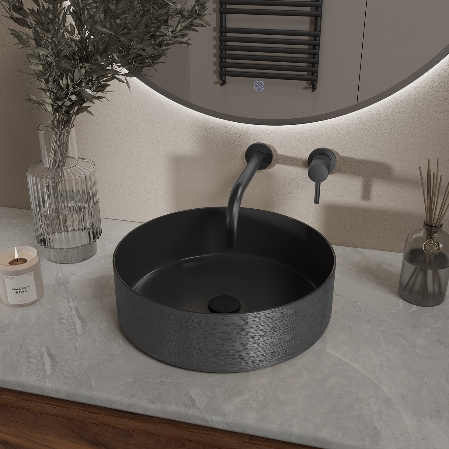Mondri waskom rond 36 x 36 x 12 cm mat zwart/gunmetal – Wiesbaden – Mat Zwart – Waskommen | Dealplein