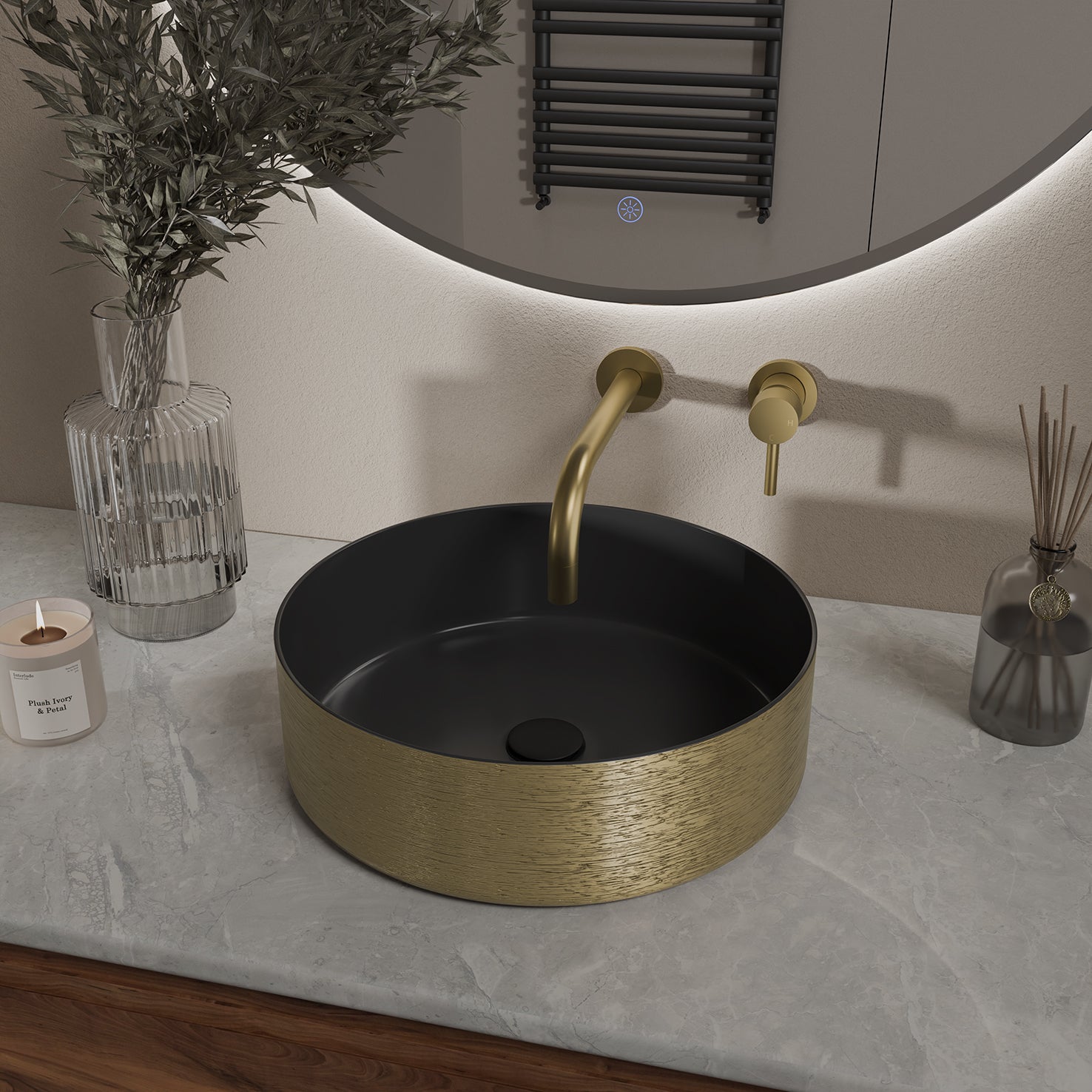 Mondri waskom rond 36 x 36 x 12 cm mat zwart/geborsteld goud – Wiesbaden – Mat Zwart – Waskommen | Dealplein