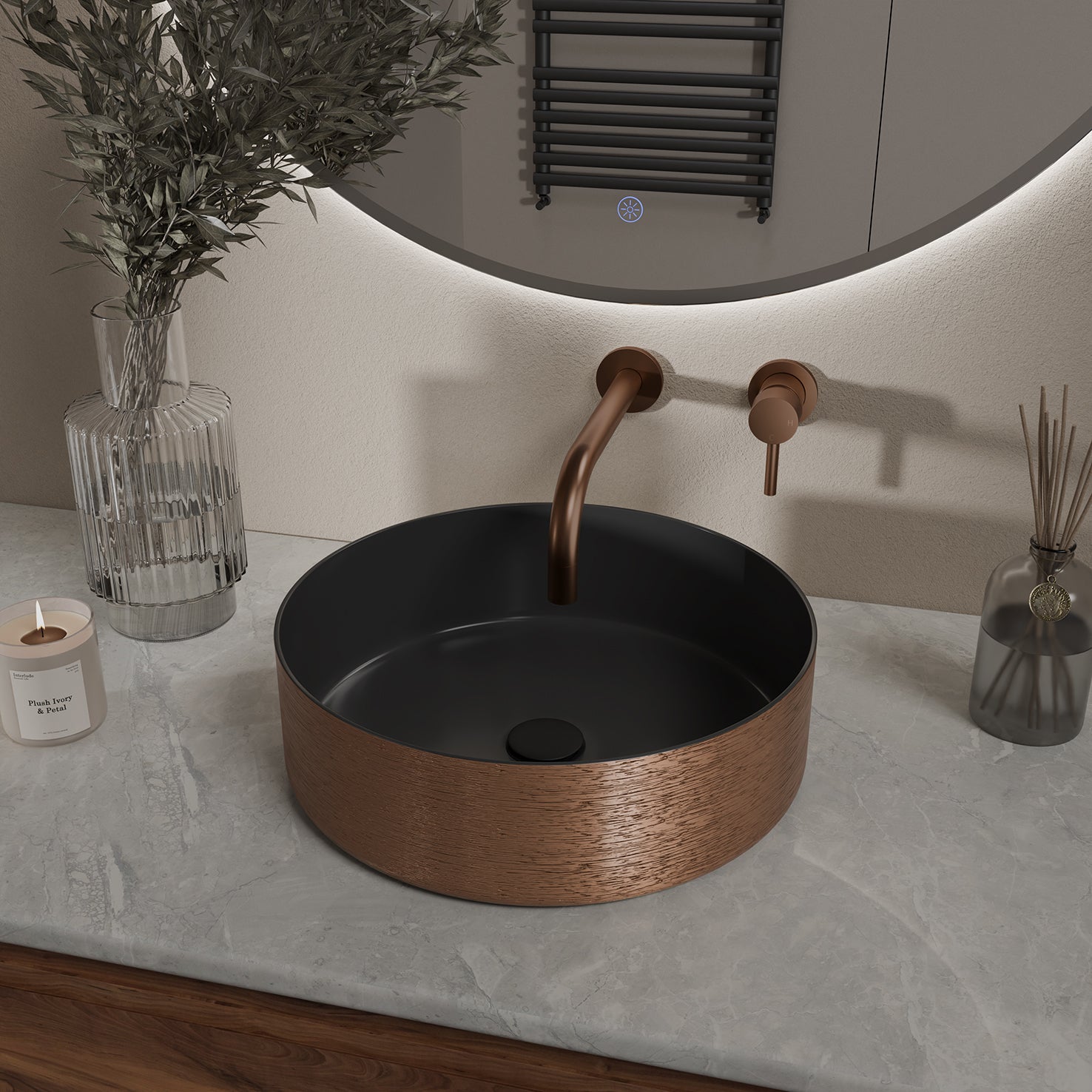 Mondri waskom rond 36 x 36 x 12 cm mat zwart/geborsteld brons koper – Wiesbaden – Geborsteld Brons/Koper – Waskommen | Dealplein