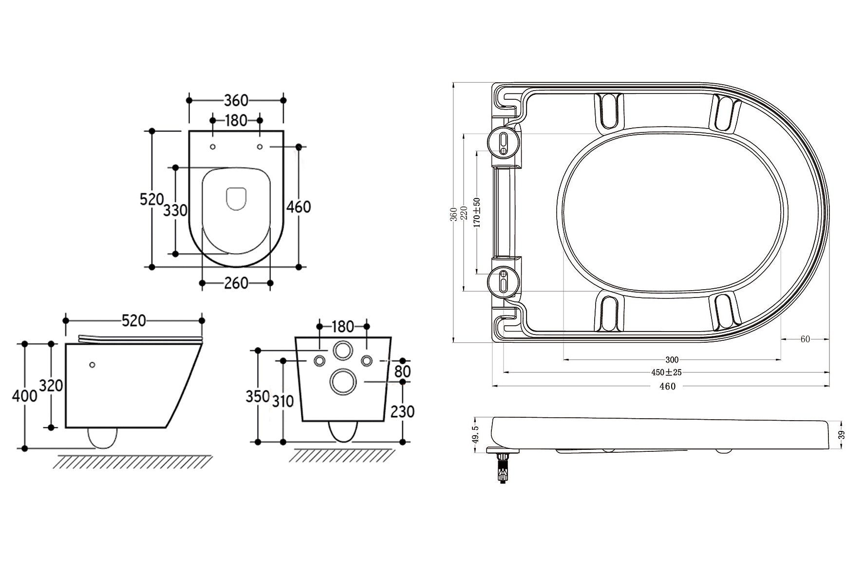 Maattekening Wiesbaden Vesta wandcloset rimless met bidetkraan koud water met Vesta toiletzitting mat zwart