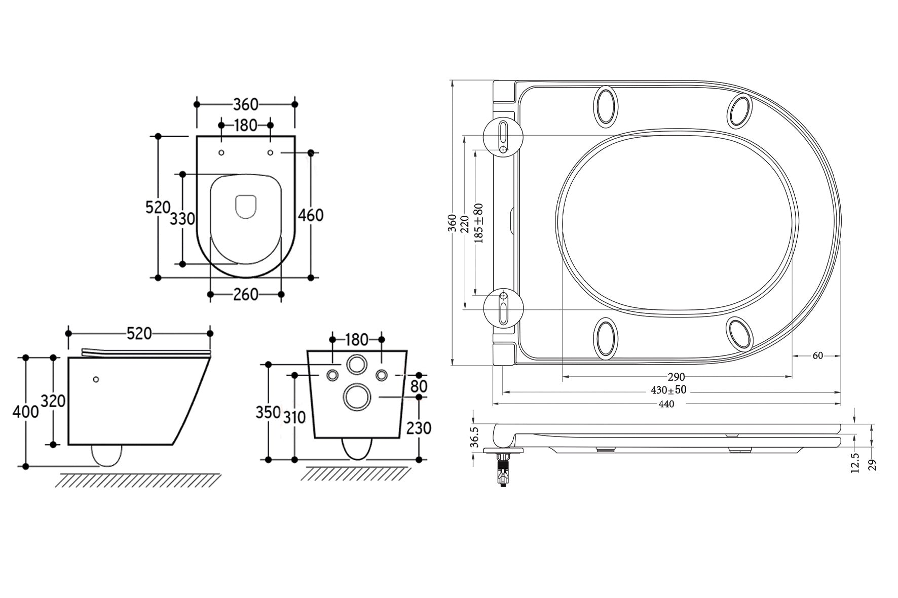 Maattekening Wiesbaden Vesta wandcloset rimless met bidetkraan koud water met Flatline toiletzitting glans wit