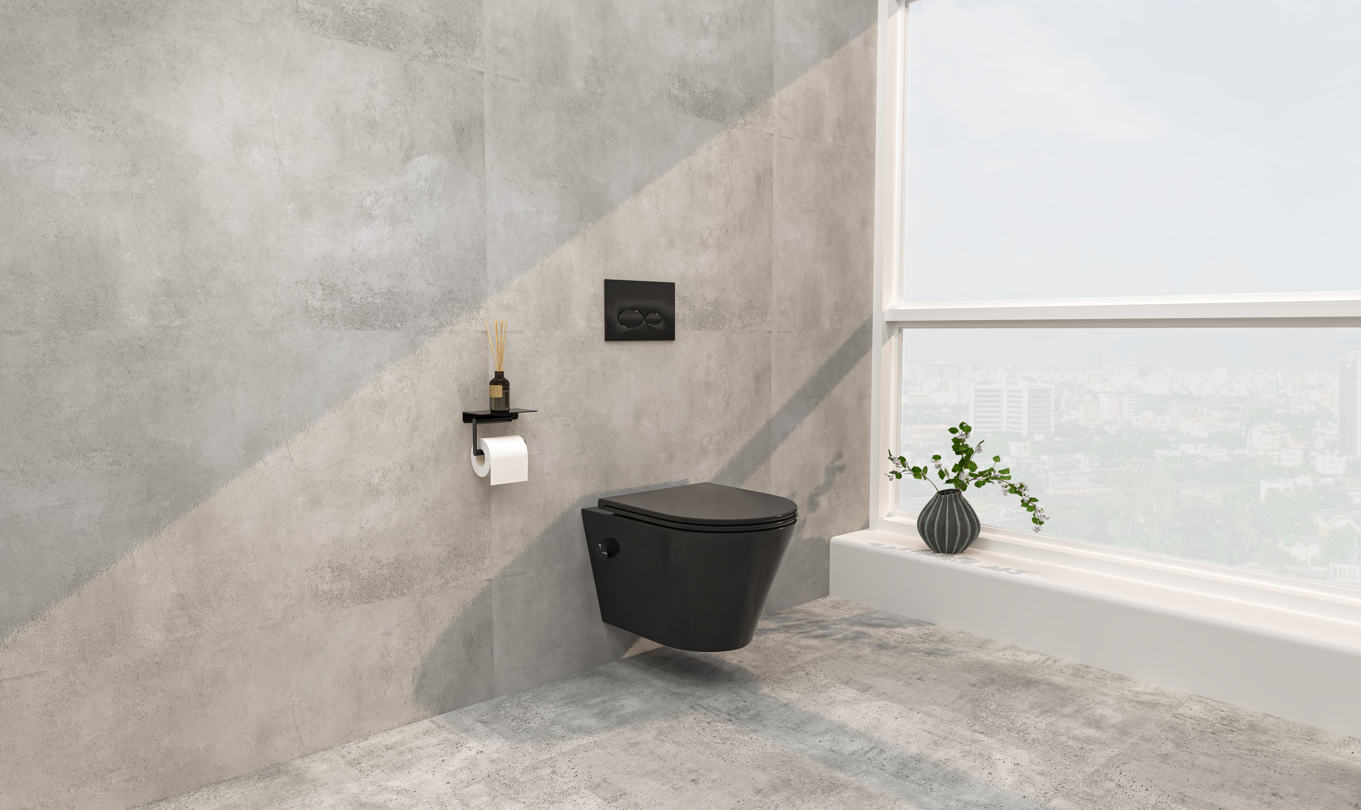 Wiesbaden Vesta wandcloset rimless met bidetkraan koud water met Flatline toiletzitting mat zwart