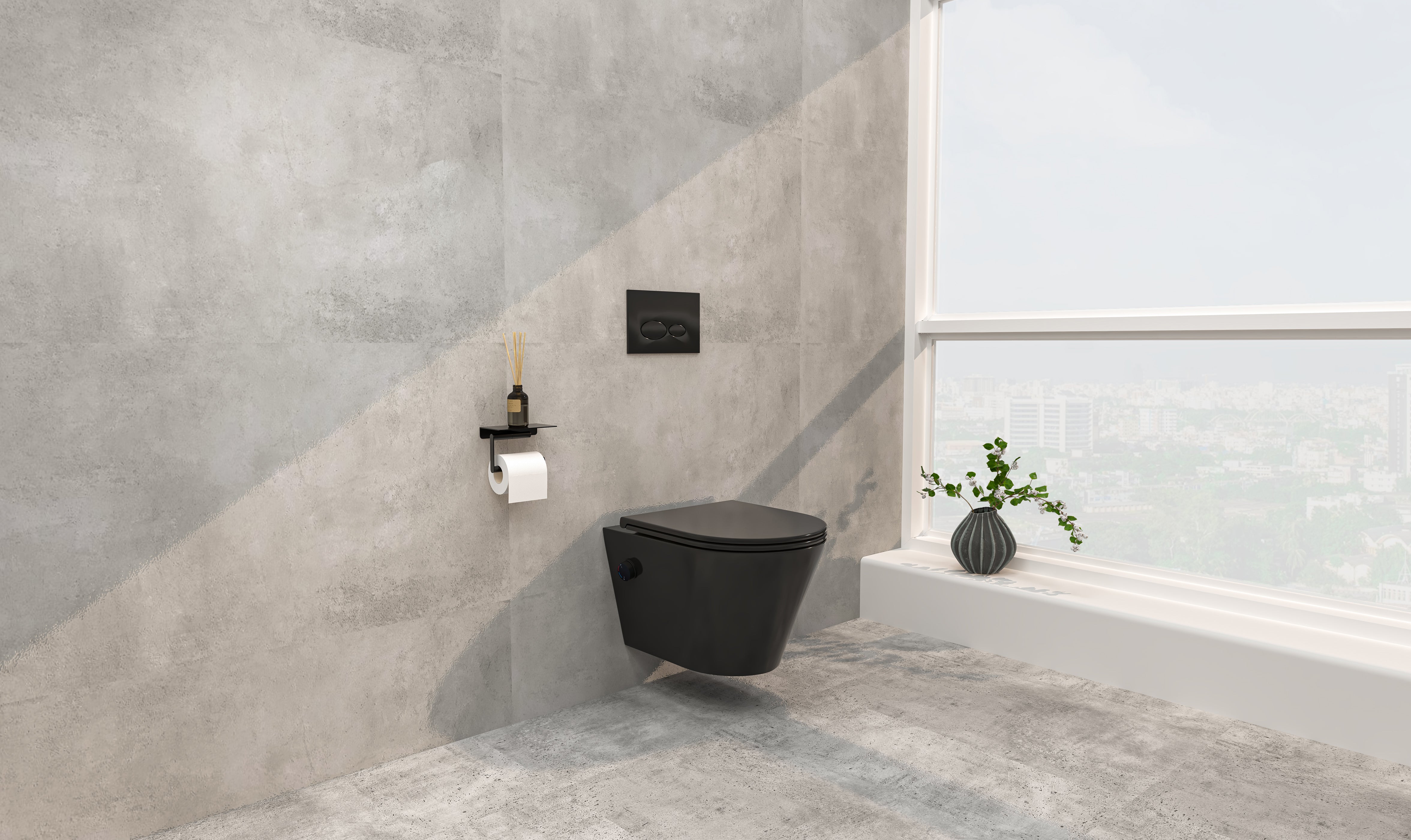 Wiesbaden Vesta wandcloset rimless met bidetkraan warm koud water met Flatline toiletzitting mat zwart