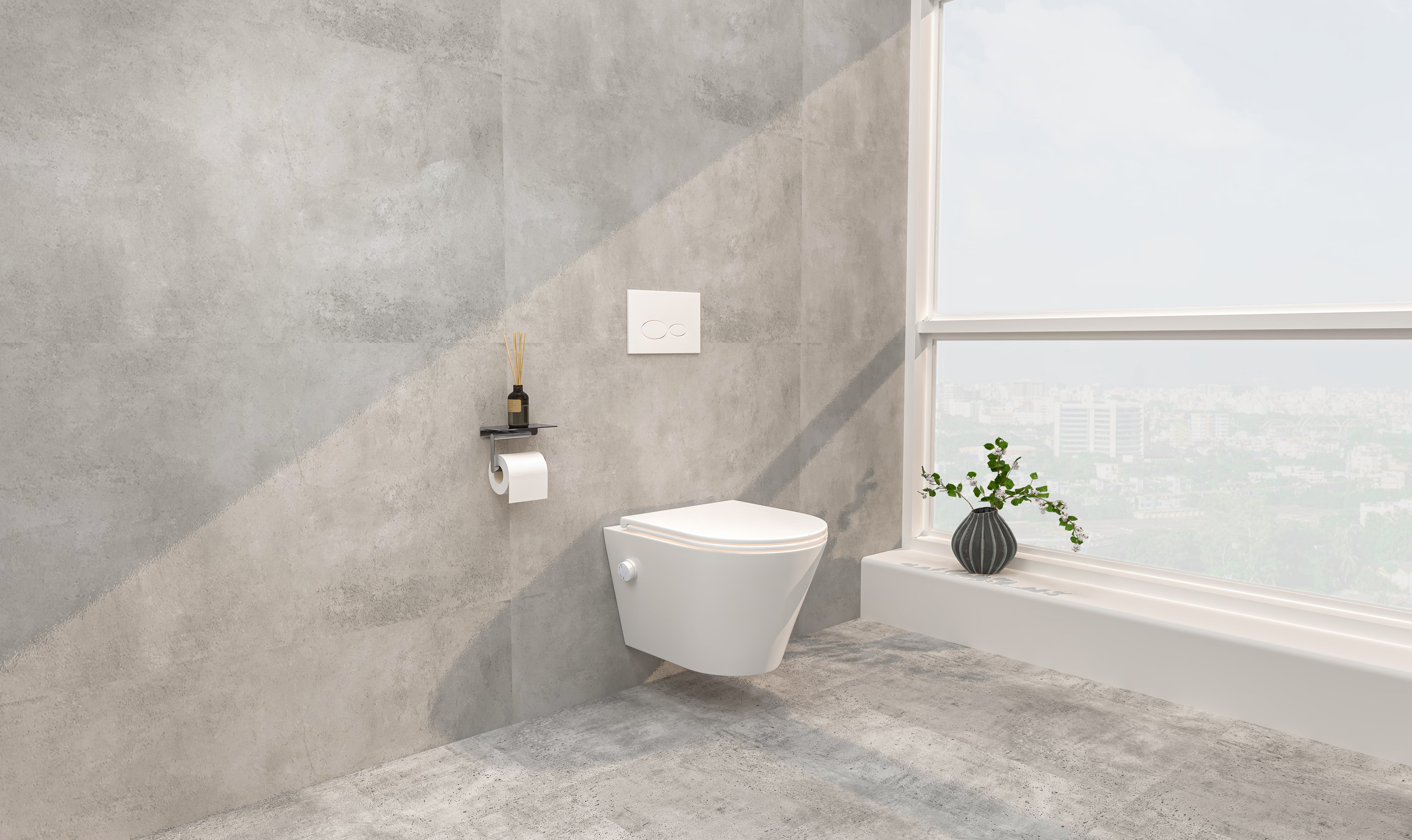 Wiesbaden Vesta wandcloset rimless met bidetkraan warm koud water met Flatline toiletzitting mat wit