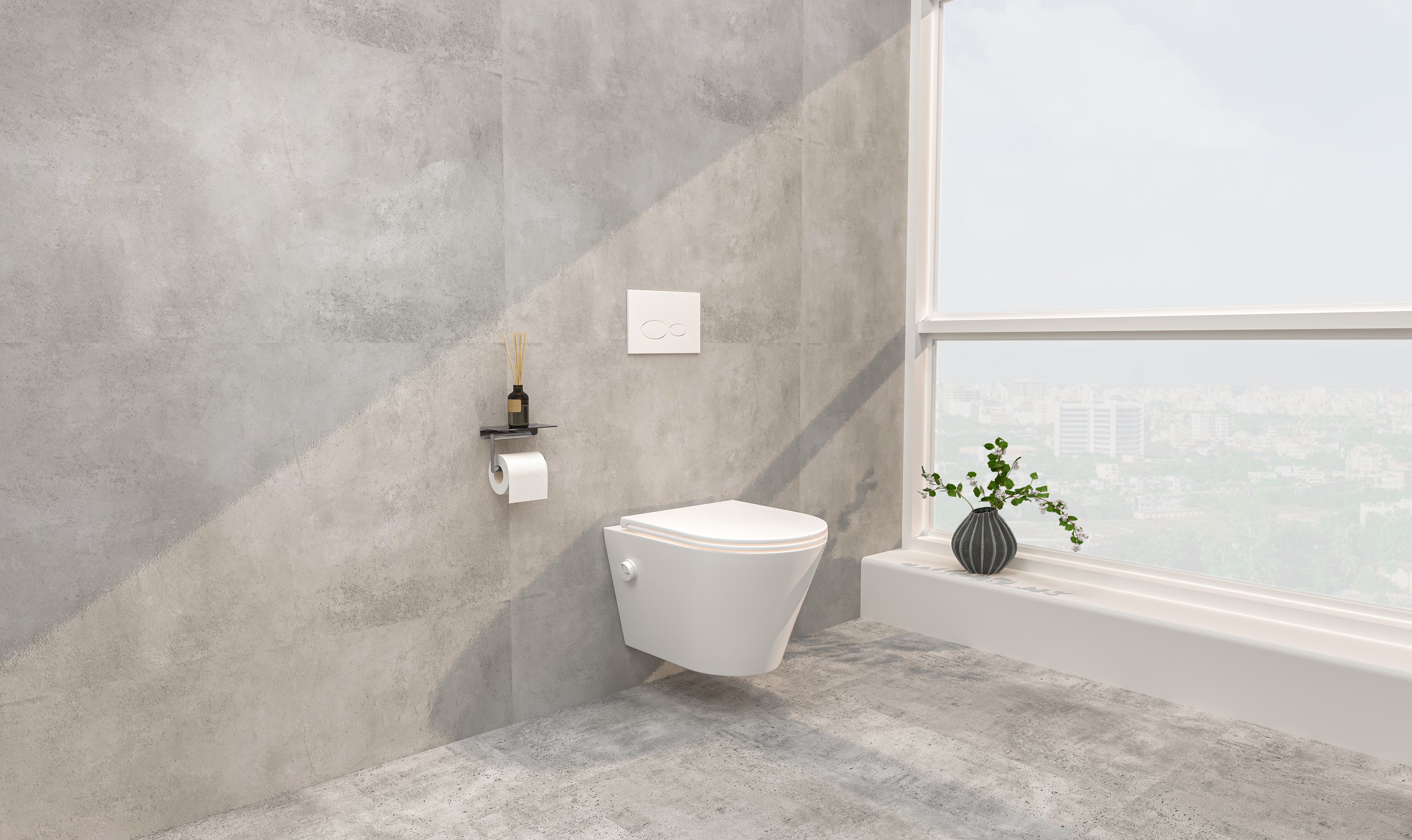 Wiesbaden Vesta wandcloset rimless met bidetkraan koud water met Flatline toiletzitting mat wit