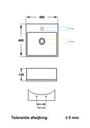 Maattekening – Larx waskom vierkant 46 x 46 x 16,5 cm keramiek glans wit