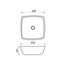 Maattekening – Plaza waskom vierkant 42 x 42 x 13,5 cm keramiek glans wit