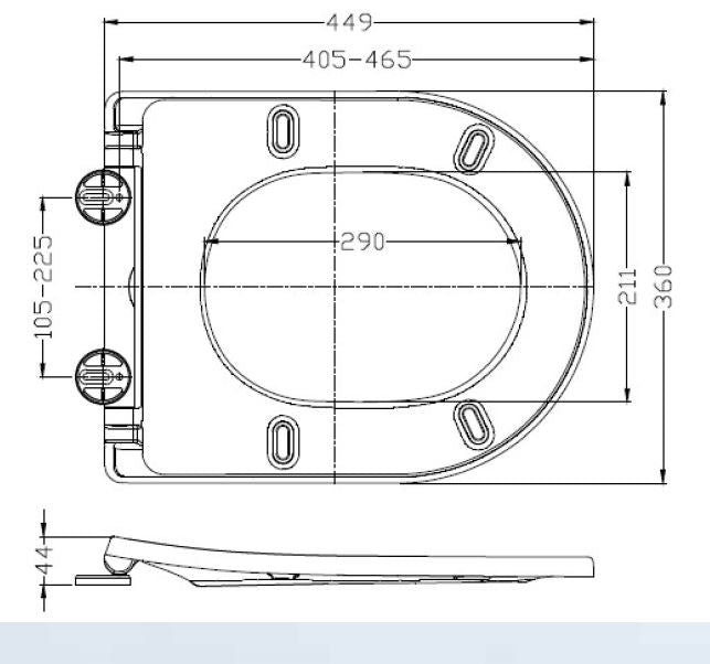 Maattekening Wiesbaden Vesta wandcloset rimless met Shade slim toiletzitting softclose en quick release mat zwart