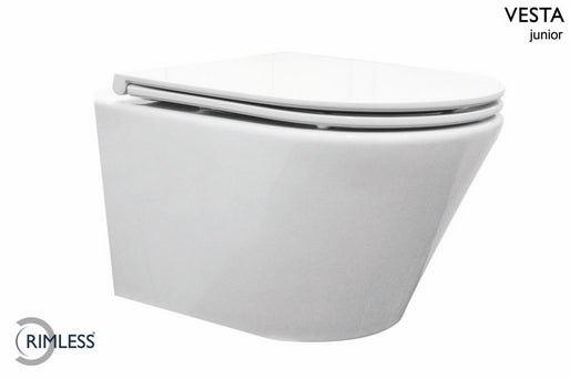 Wiesbaden Vesta junior wandcloset rimless verkort met Flatline toiletzitting softclose en quick release glans wit