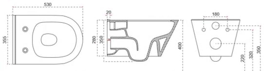 Maattekening Wiesbaden Stereo wandcloset rimless met Shade slim toiletzitting softclose en quick release mat zwart
