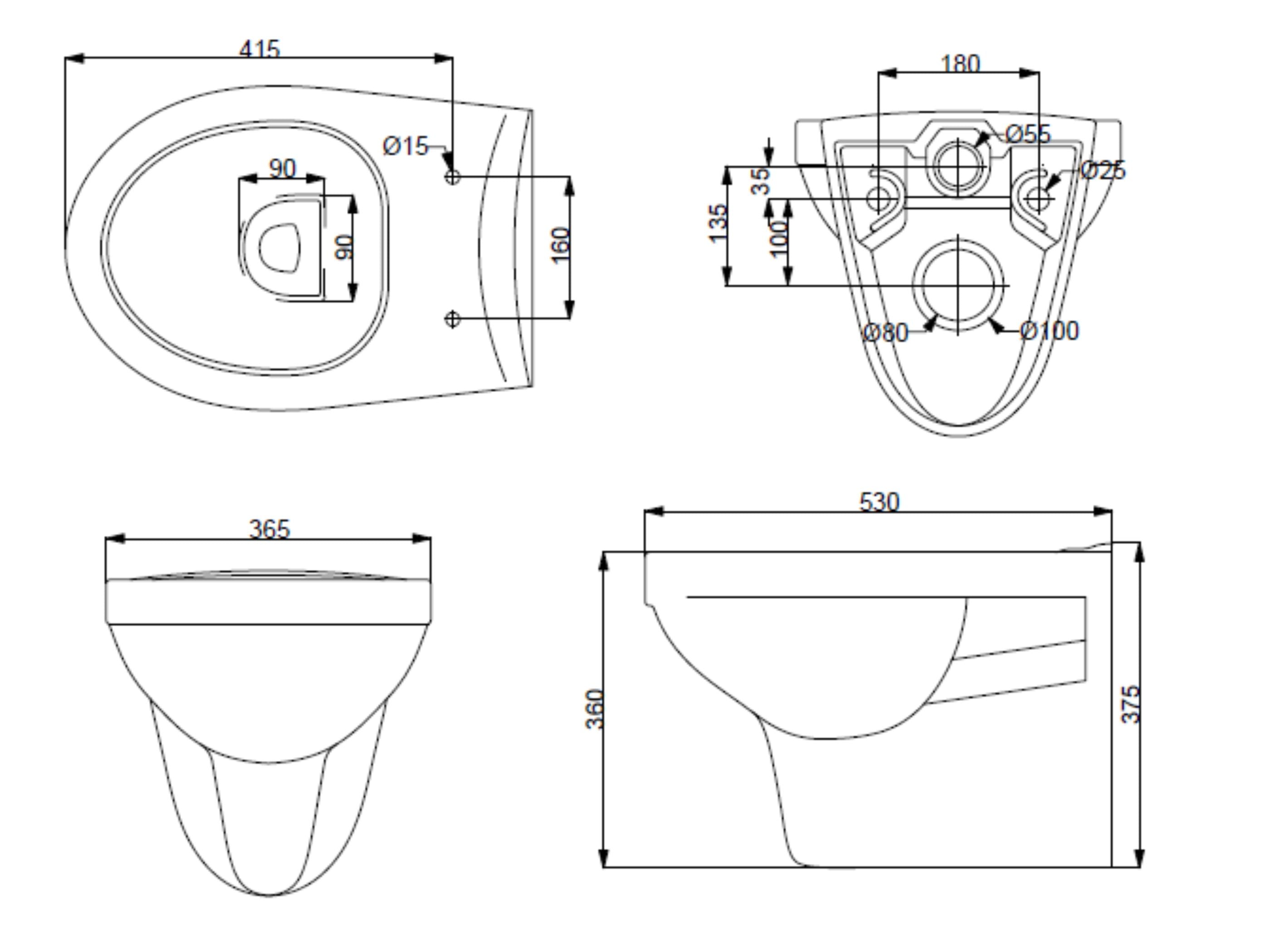 Maattekening Trevi wandcloset rimless glans wit