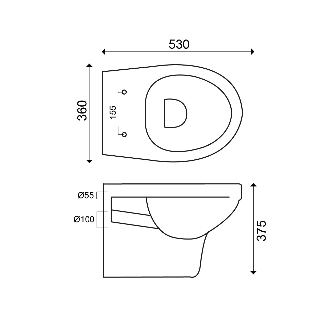 Maattekening Trevi wandcloset rimless met Ultimo 3.0 toiletzitting softclose en quick release glans wit