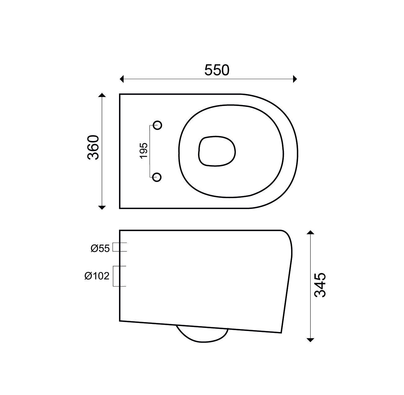 Maattekening Arco wandcloset met Arco toiletzitting softclose en quick release glans wit