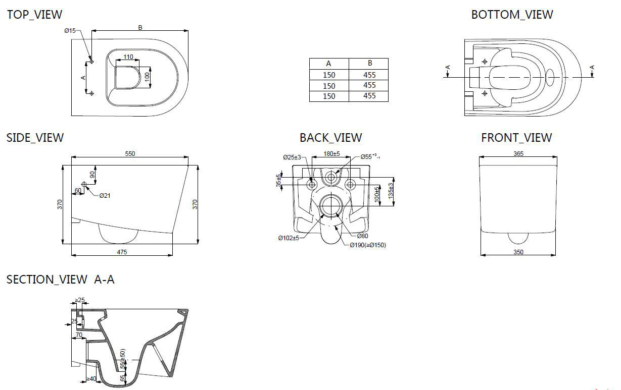 Maattekening Flow wandcloset rimless met nano coating met Flow toiletzitting softclose en quick release glans wit