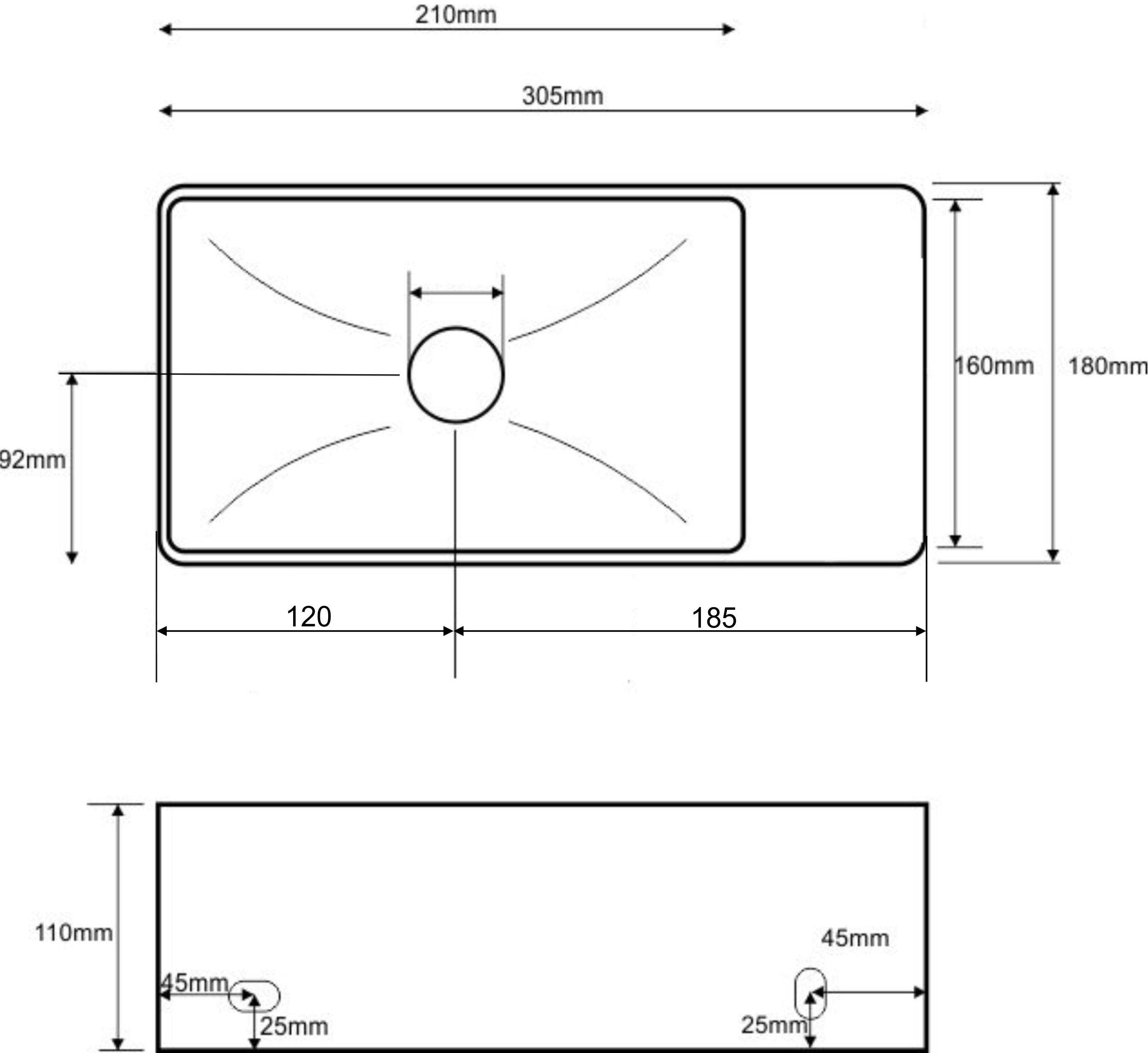 Rhea XXS fontein zonder kraangat rechts 30,5 x 18 x 11 cm keramiek glans wit maattekening – 30,5 × 18 × 11 cm | Dealplein