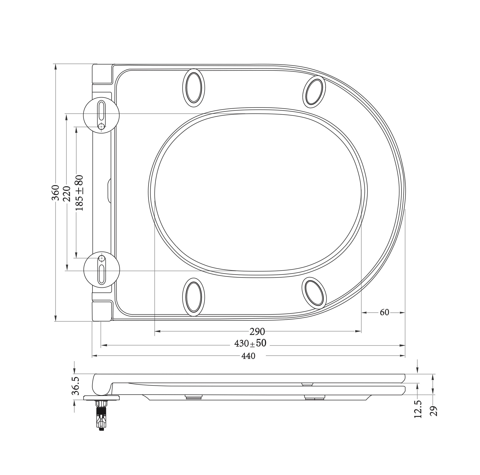 Maattekening Wiesbaden Vesta Tornado flush wandcloset rimless met Flatline toiletzitting softclose en quick release mat wit