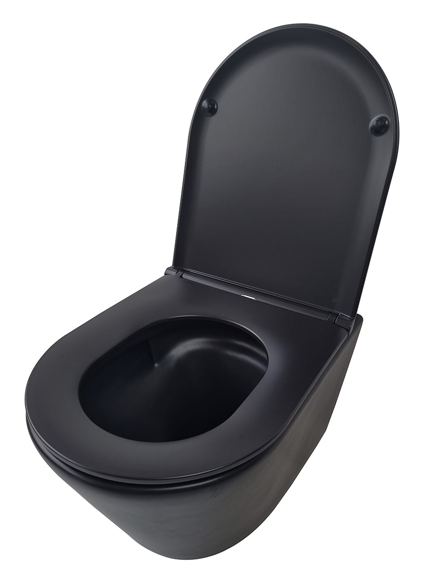Wiesbaden Vesta Tornado flush wandcloset rimless met Flatline toiletzitting softclose en quick release mat zwart