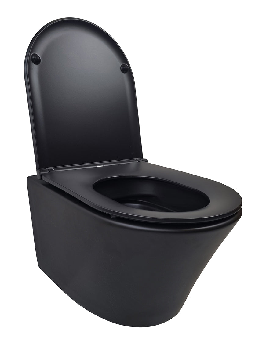Wiesbaden Vesta wandcloset rimless met Flatline toiletzitting softclose en quick release mat zwart