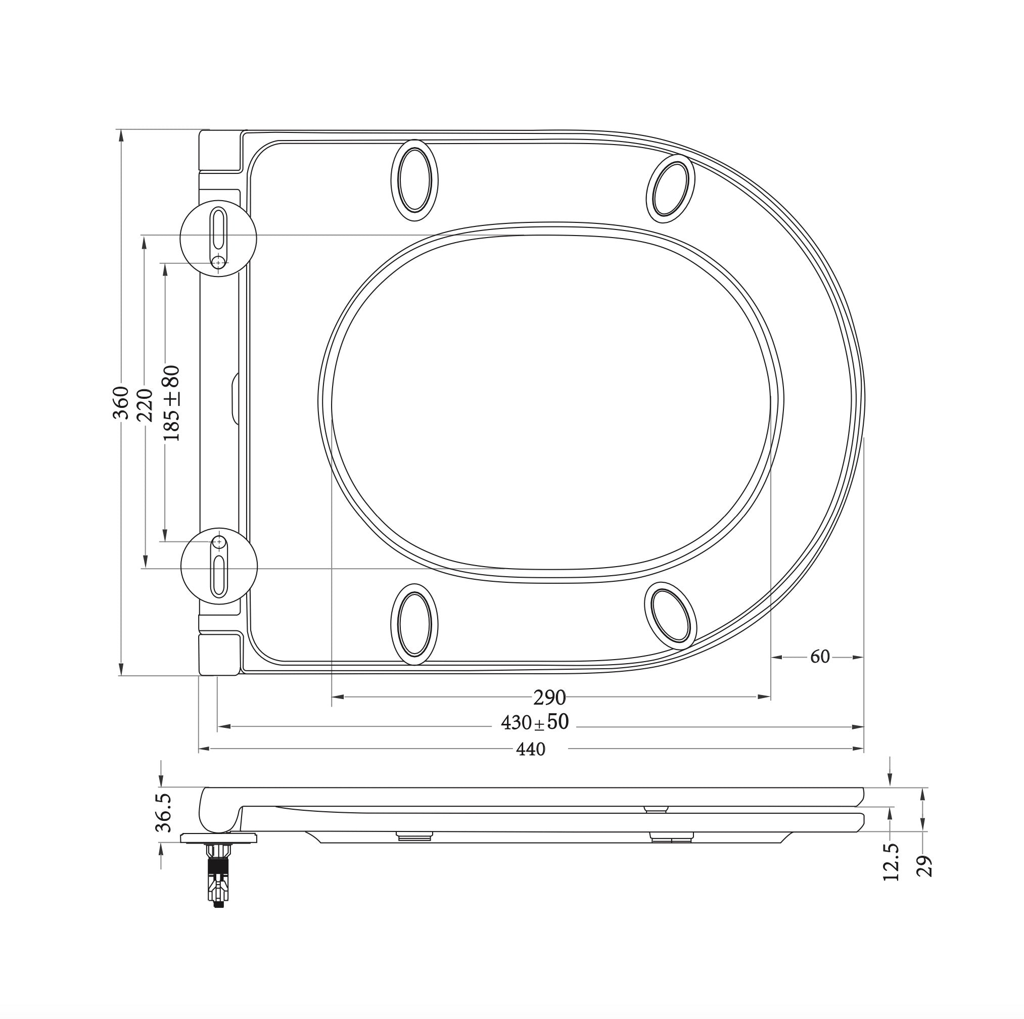 Maattekening Wiesbaden Vesta wandcloset rimless met Flatline toiletzitting softclose en quick release mat zwart