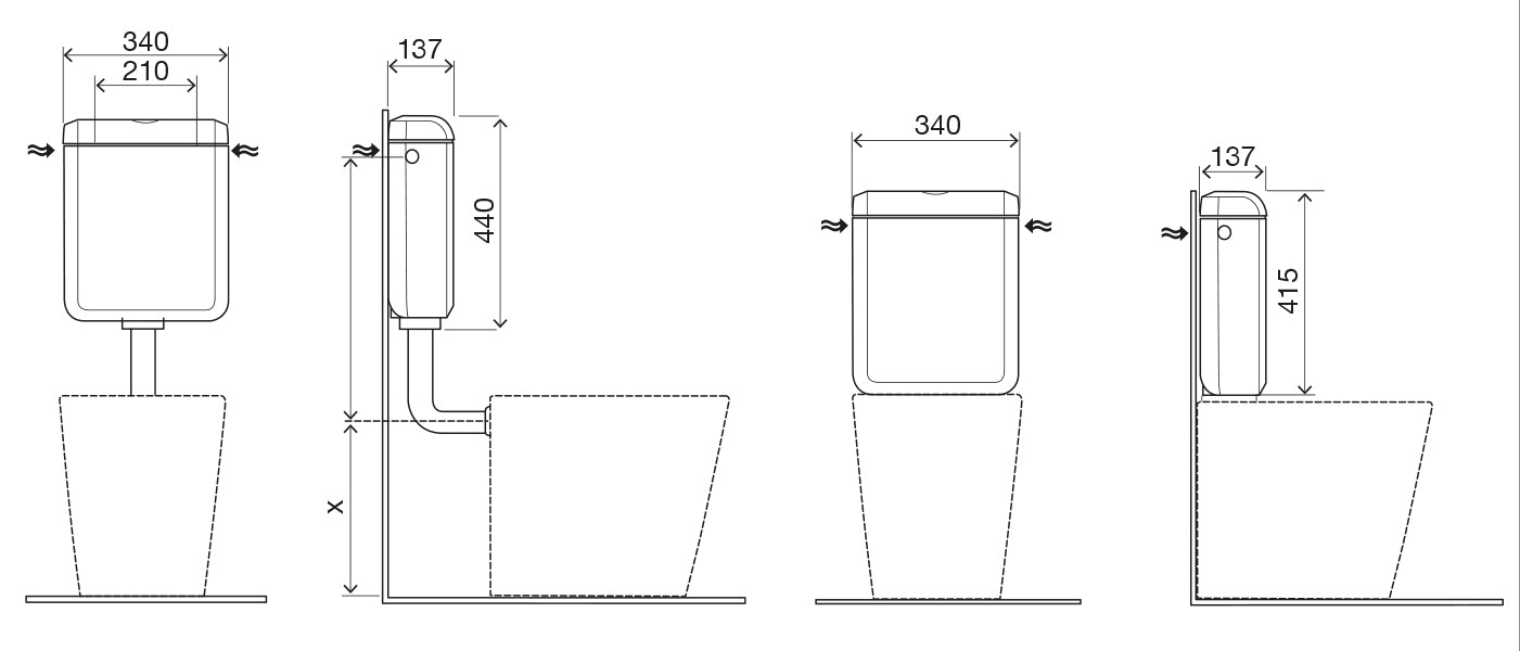 Maattekening Uniflush universeel toiletreservoir 2 in 1 oplossing kunststof wit