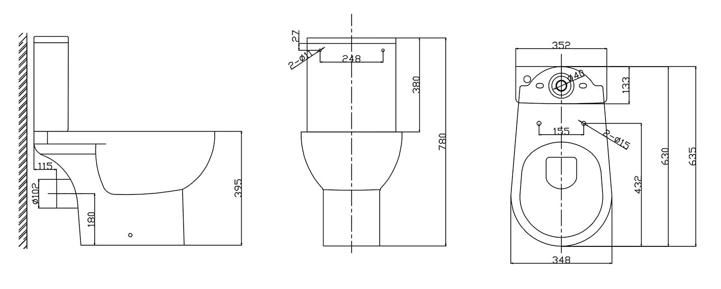 Maattekening Duoblok toilet staand rimless PK met toiletzitting glans wit