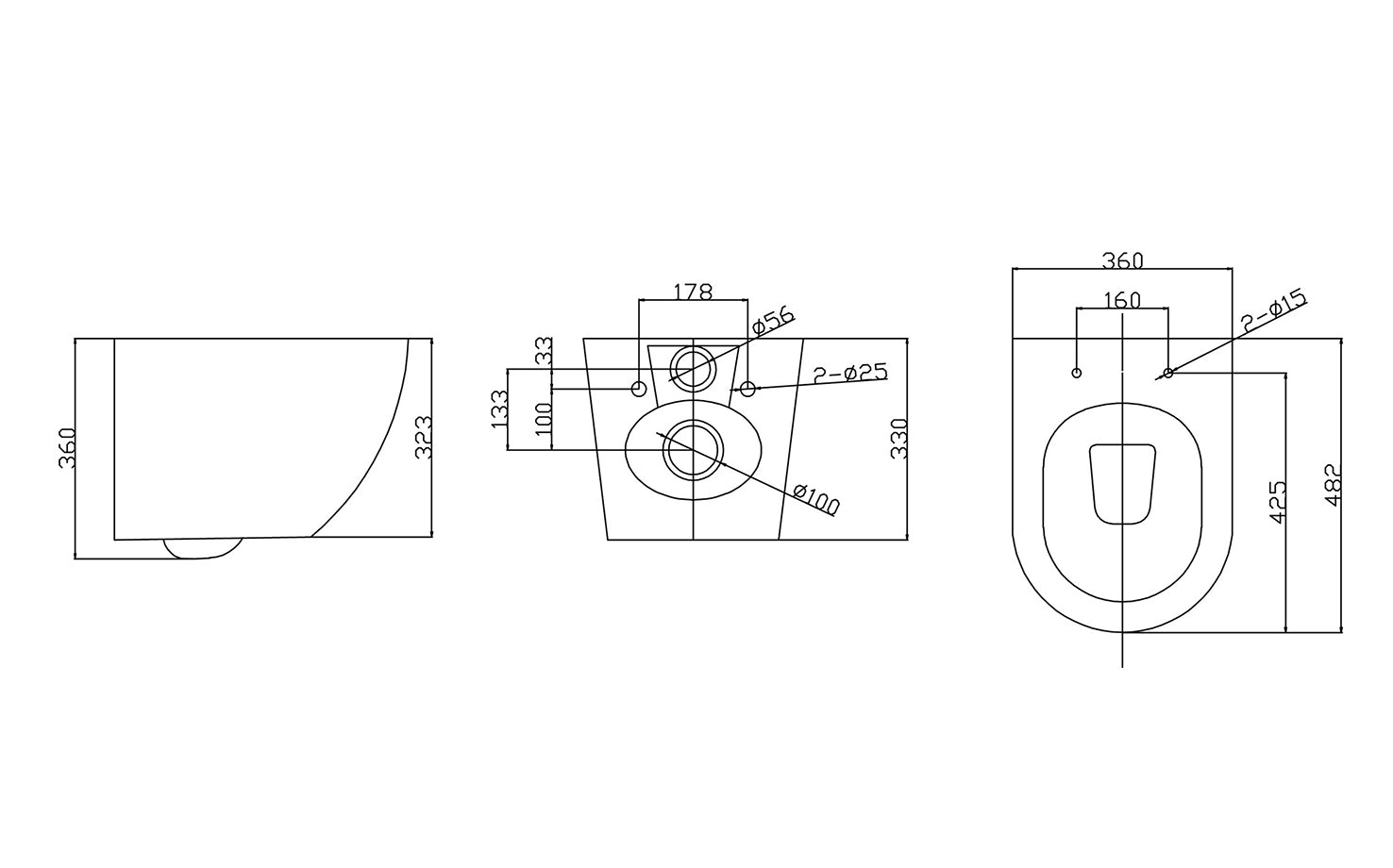 Maattekening Nibiru rimless wandcloset met toiletzitting softclose en quick release mat wit