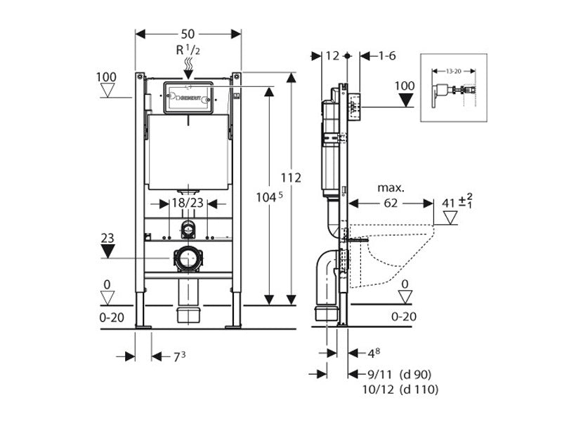 Maattekening Geberit Duofix Basic UP-100 inb.reservoir