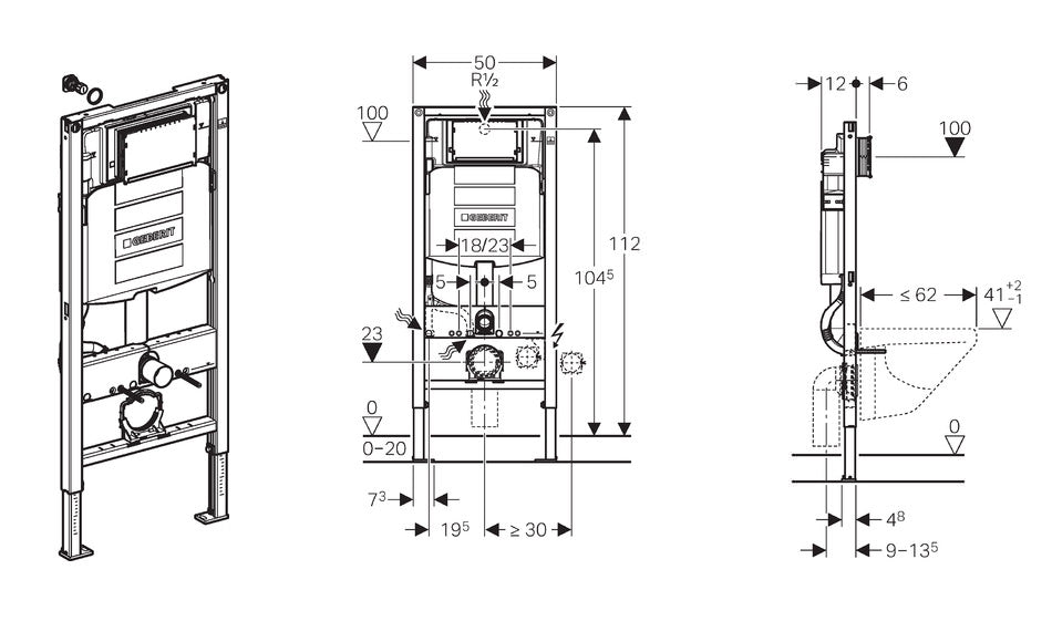 Maattekening Geberit Duofix UP-320 inb.reservoir,bev.set, iso.set