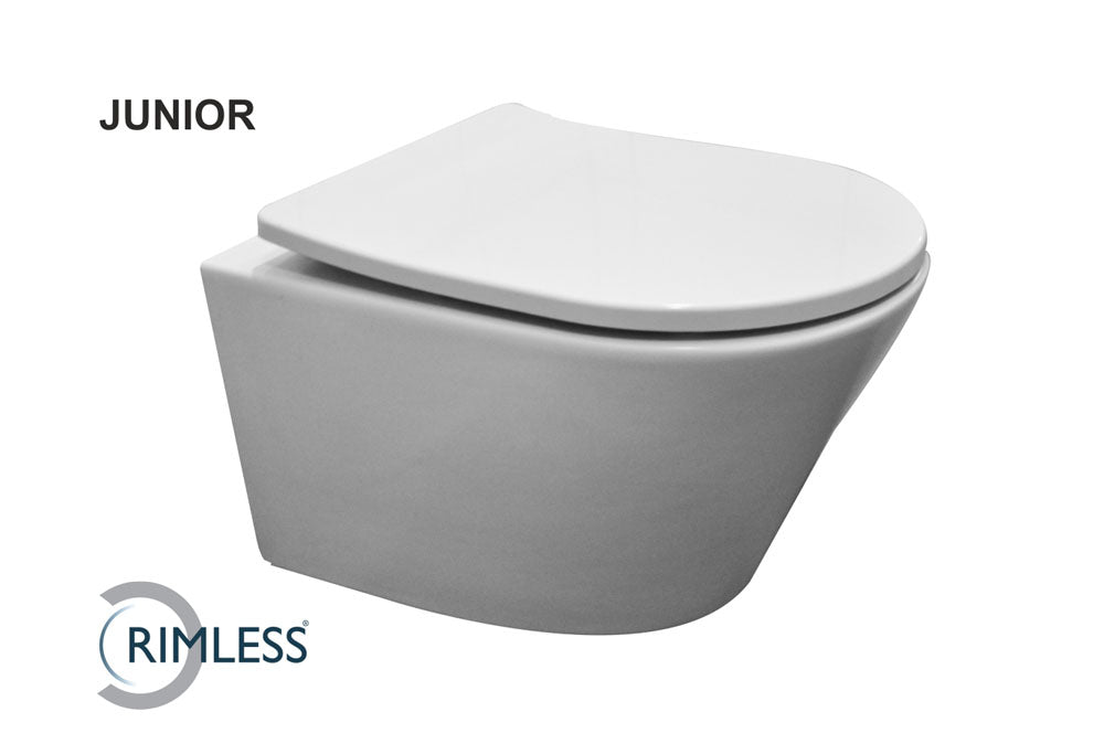 Vesta Junior Wandtoilet Rimless Verkort Met Shade Slim Toiletzitting Softclose En Quick Release Glans Wit