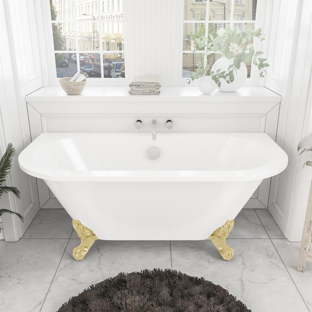 Zijaanzicht met de vorm van de kuip van Vrijstaand Bad Eastbrook Mortlake Roll Top Wit 150 x 74 cm
