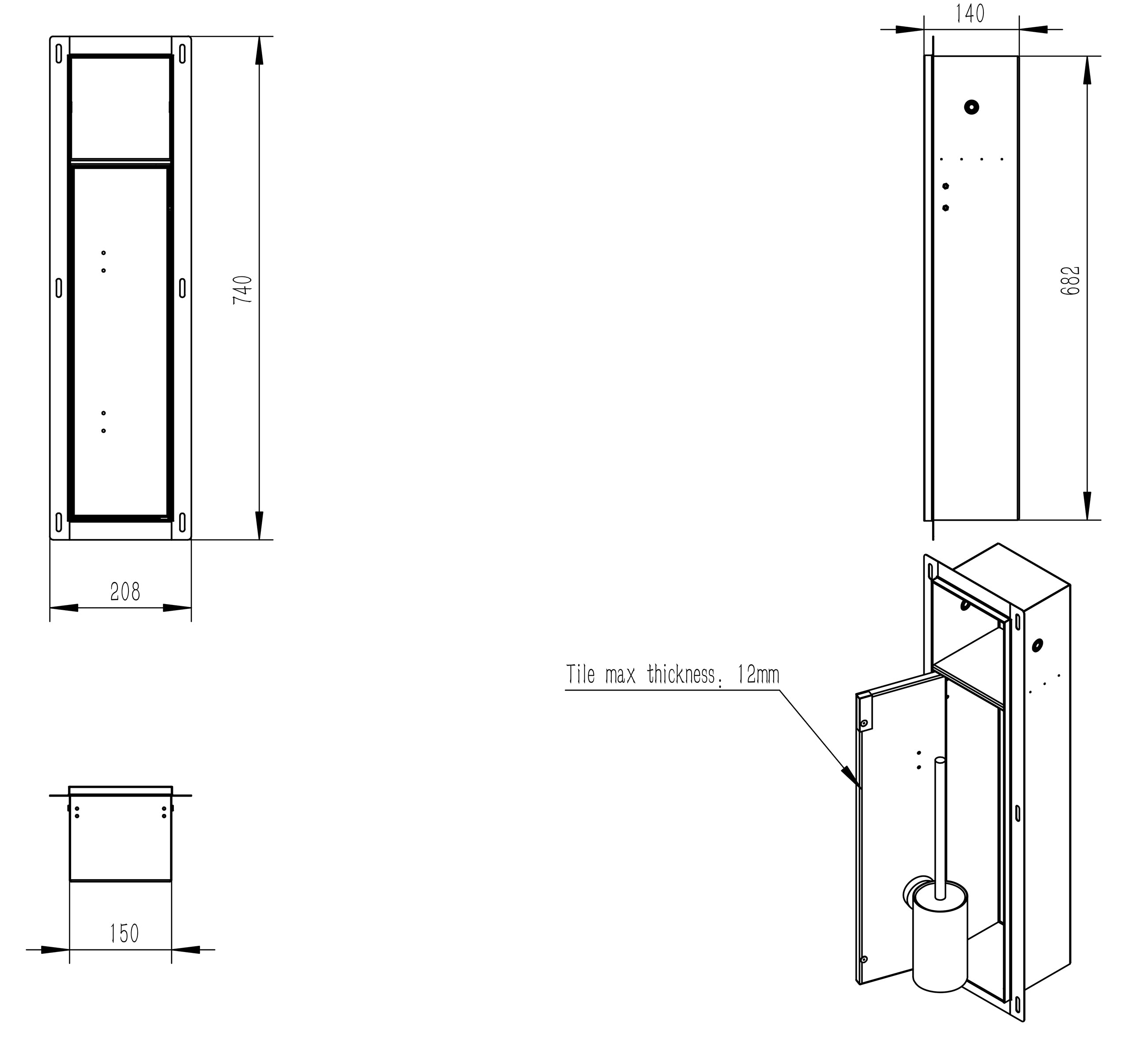 Maattekening Rocko toiletrol- en borstelhouder inbouw betegelbaar mat wit
