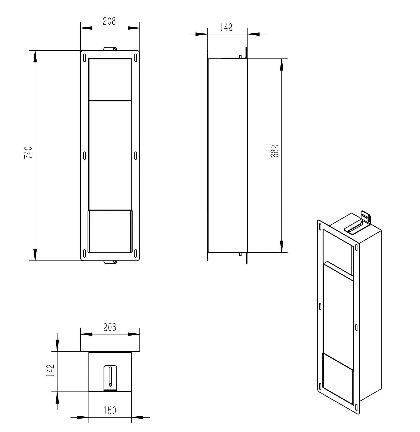 Maattekening Rocko toiletrolhouder zonder klep en reserverolhouder inbouw mat zwart