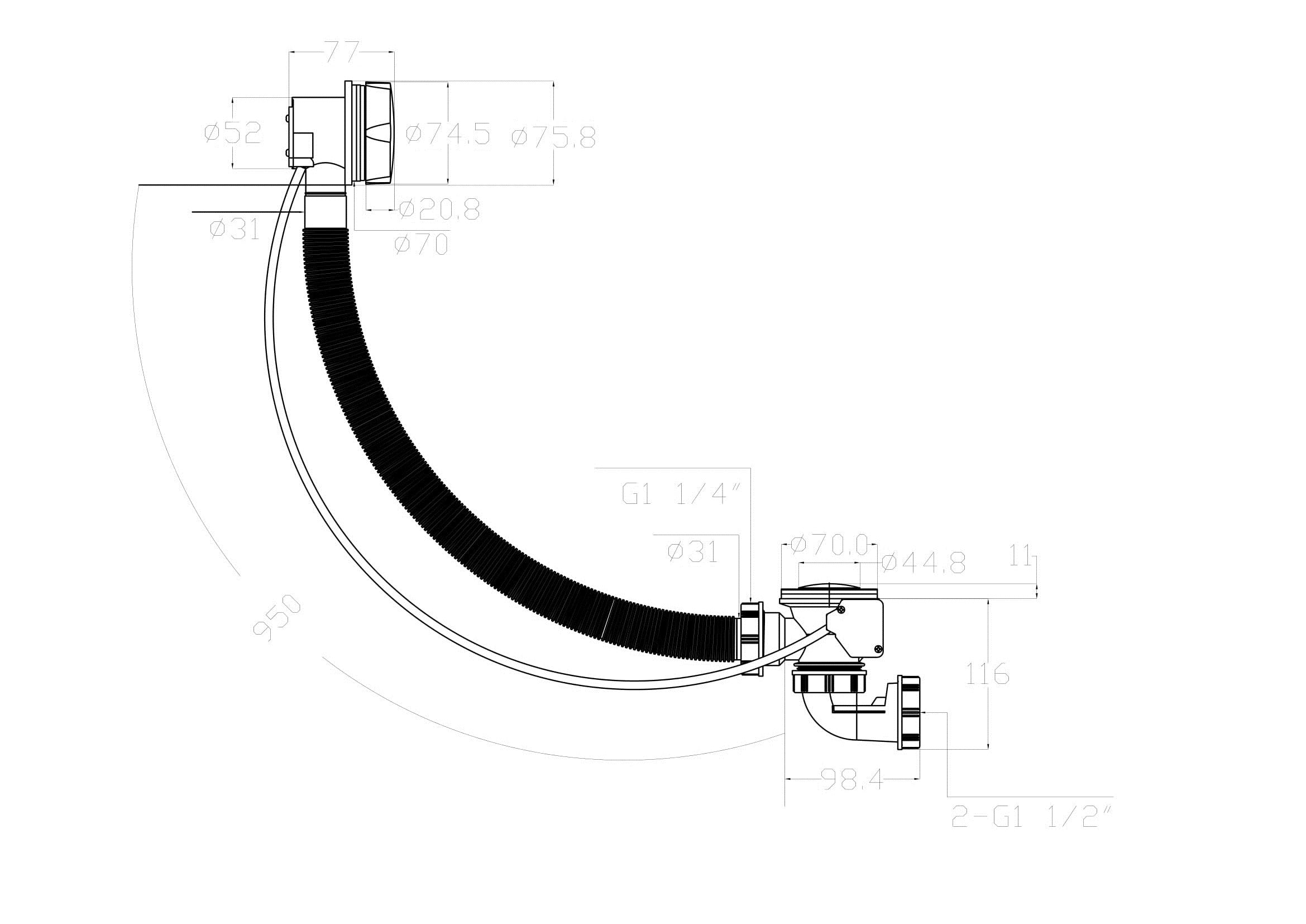 Maattekening Rezo badafvoer met overloop verlengd 70 mm chroom