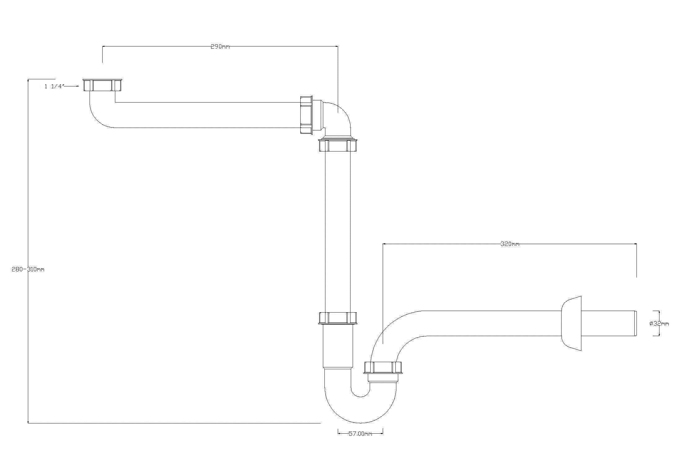 Maattekening Ruimtebesparende sifon voor wastafel 5/4" x 32 mm