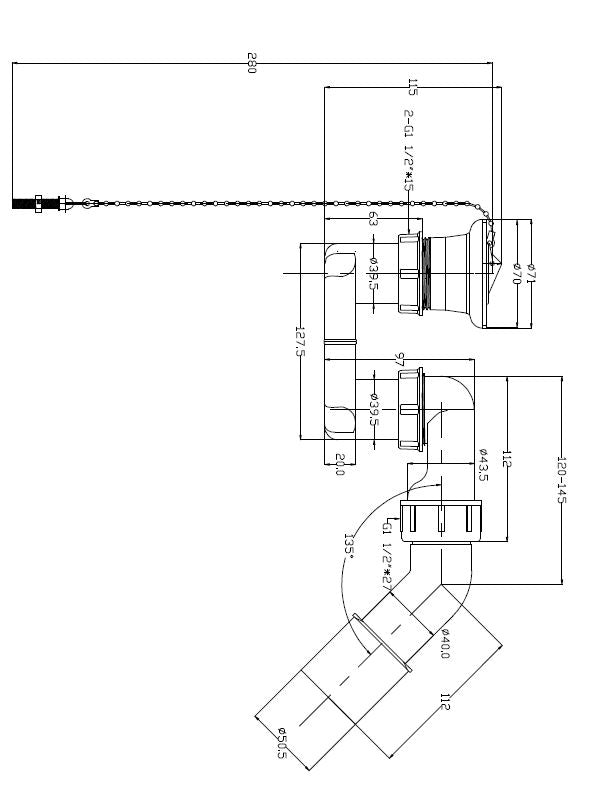Douchebaksifon met plug 1 1/2" PVC wit - maattekening