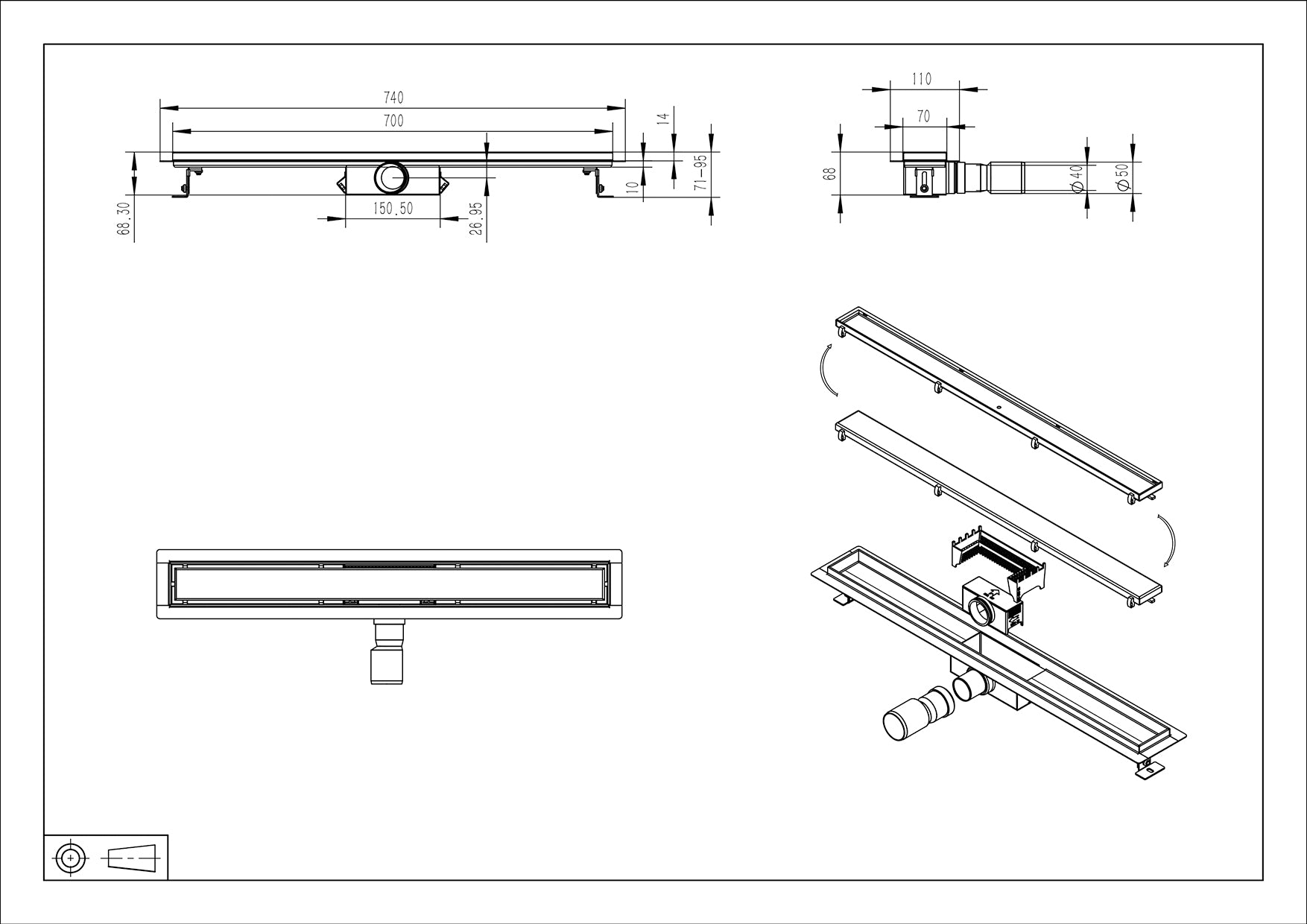 Maattekening Wiesbaden Douchegoot met flens en tegelrooster 70 x 7 cm geborsteld messing PVD