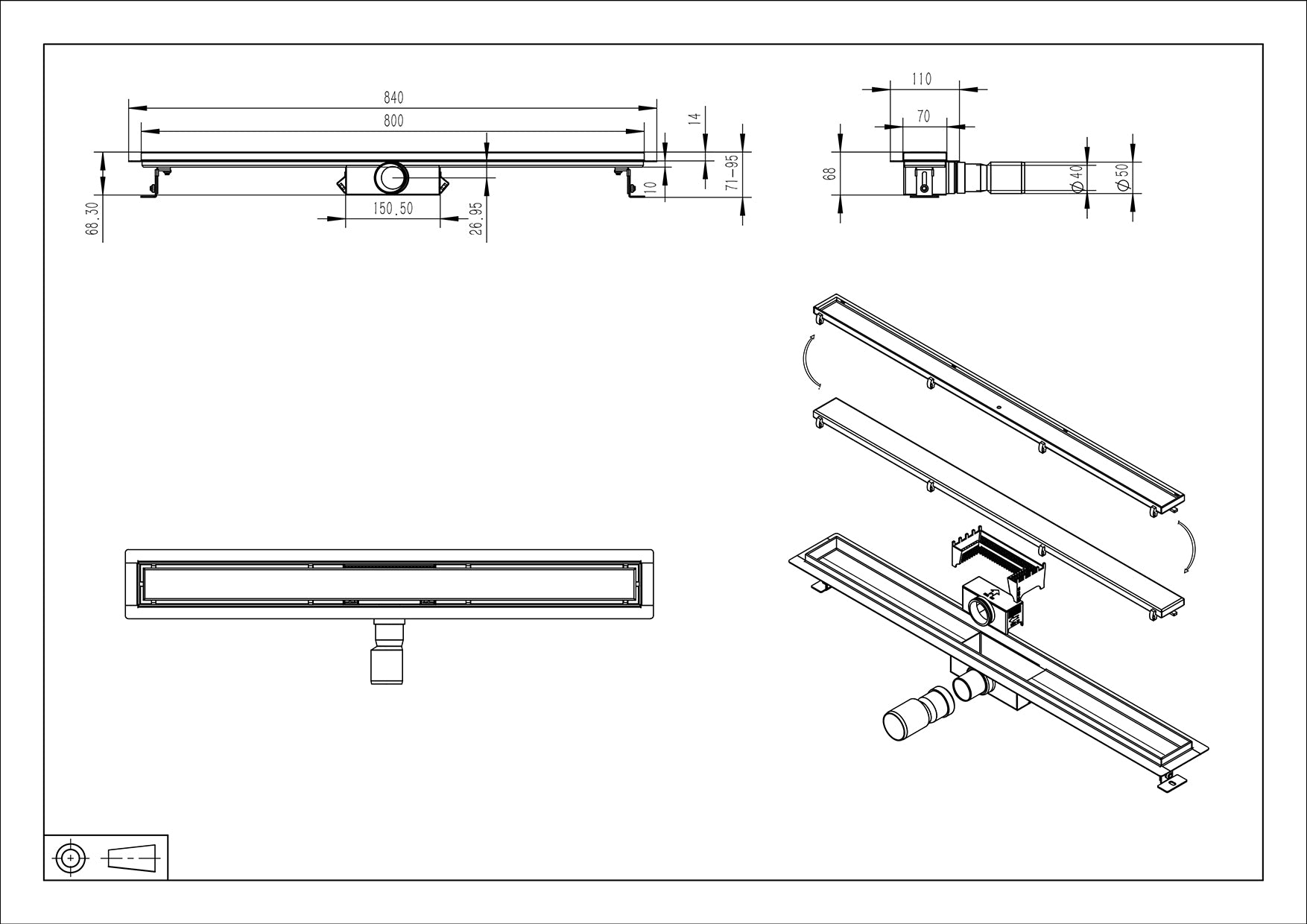 Maattekening Wiesbaden Douchegoot met flens en tegelrooster 80 x 7 cm geborsteld messing PVD