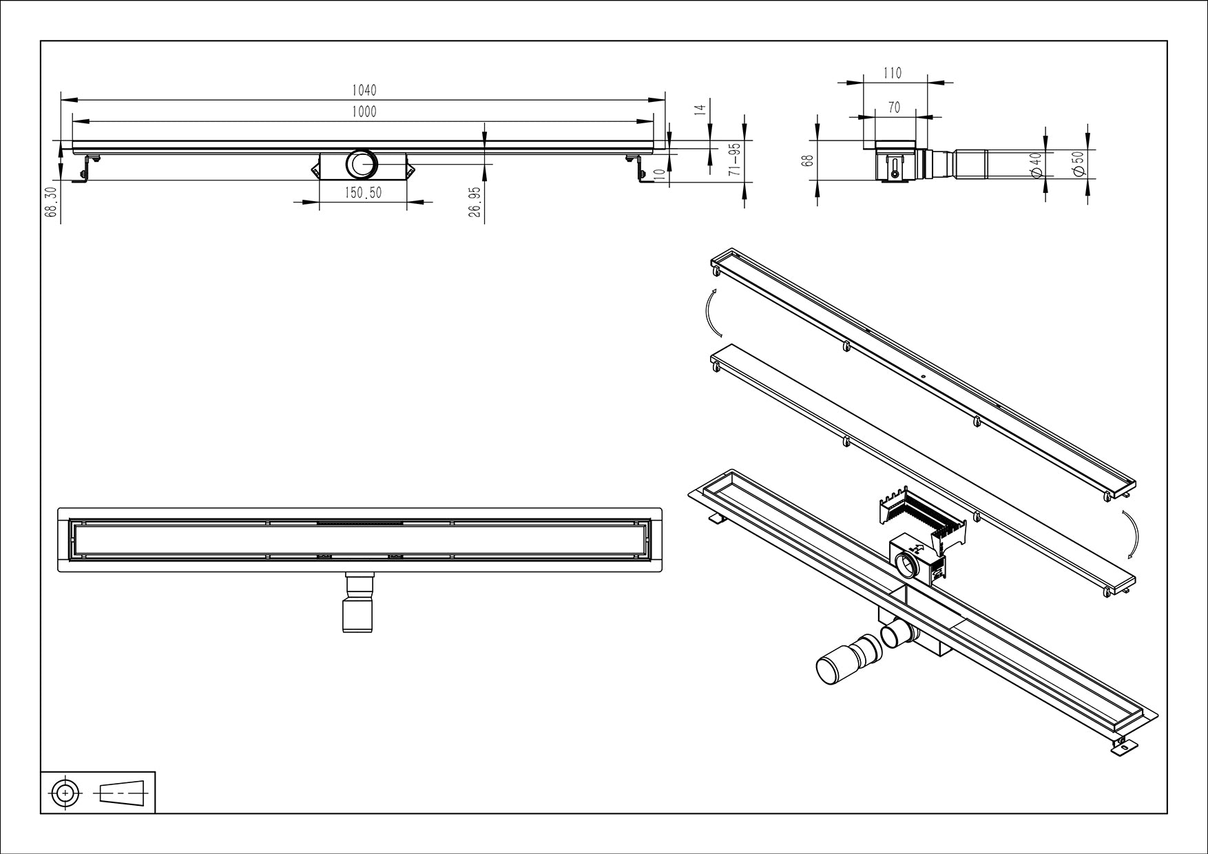 Maattekening Wiesbaden Douchegoot met flens en tegelrooster 100 x 7 cm geborsteld messing PVD
