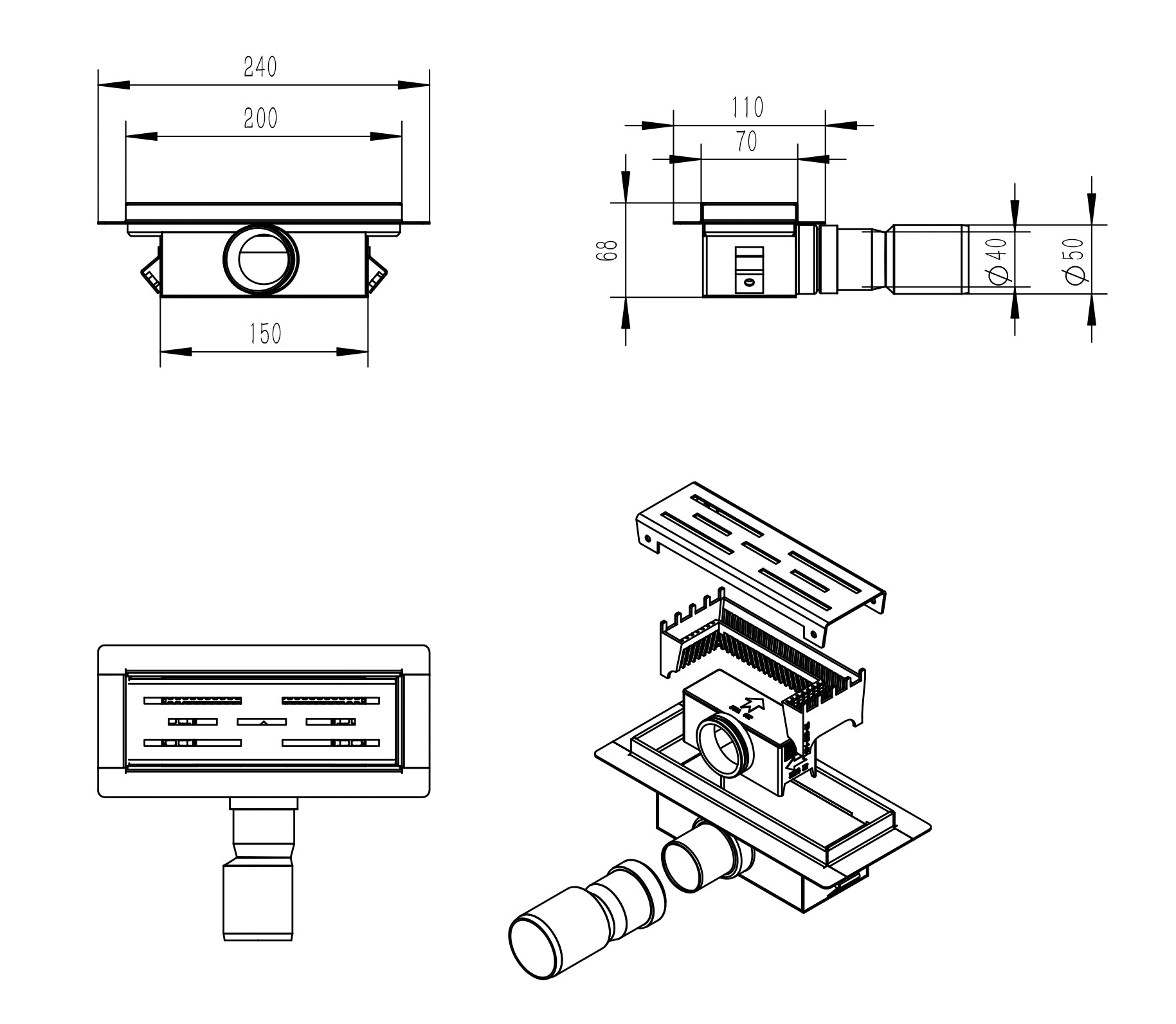 Maattekening Eco douchegoot met flens en rooster 20 x 7 cm RVS